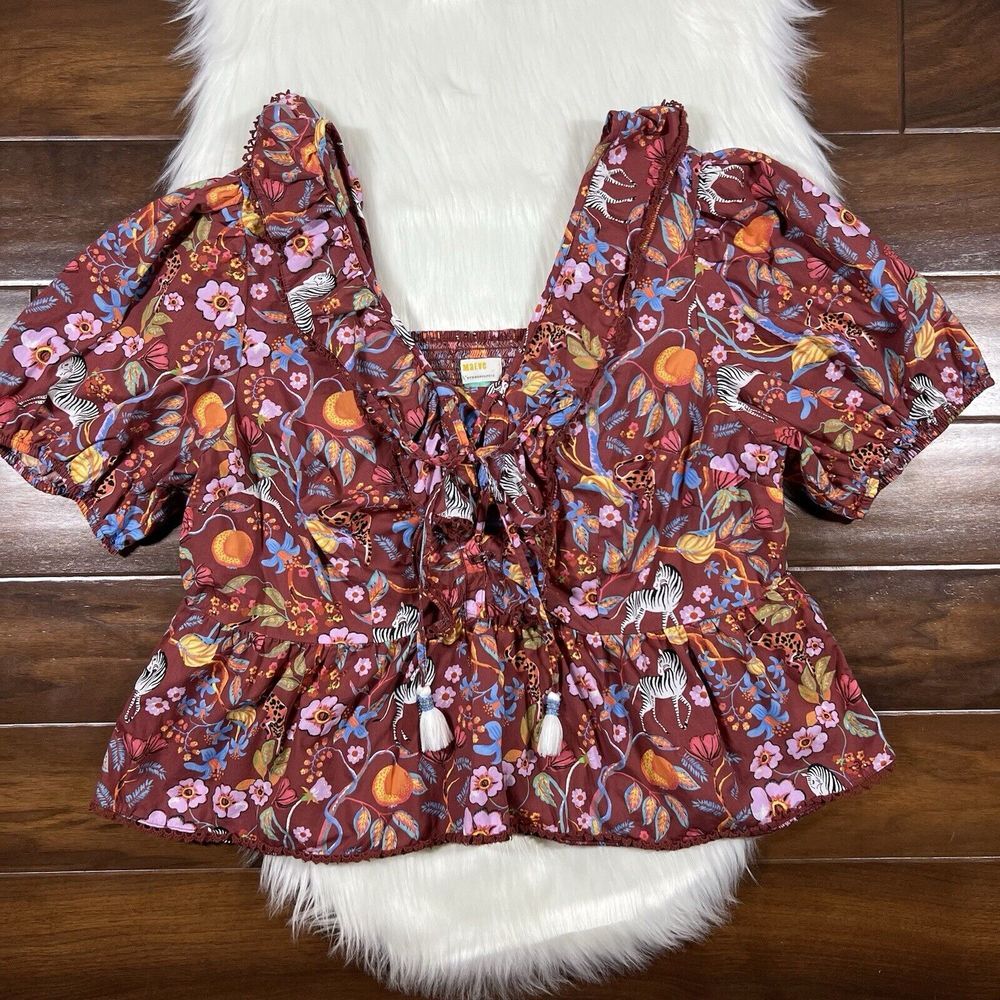 Anthro Maeve Women's Size 2X Animal Print Ruffled Tie Front Blouse Top